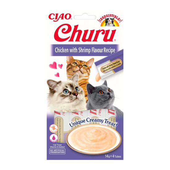Churu Recompensă Cremoasă cu Pui și Creveți, 4 x 14 g – gustare fină pentru pisici